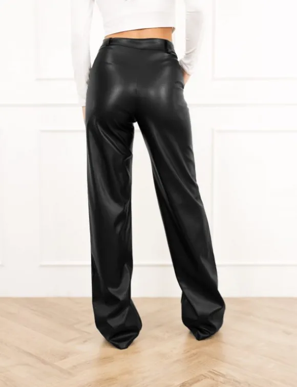 Molly leren wide leg broek zwart